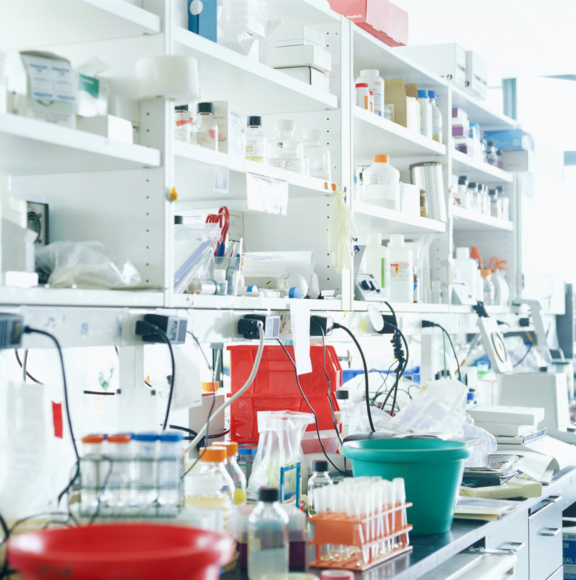 Equipment and supply shelves in research lab
